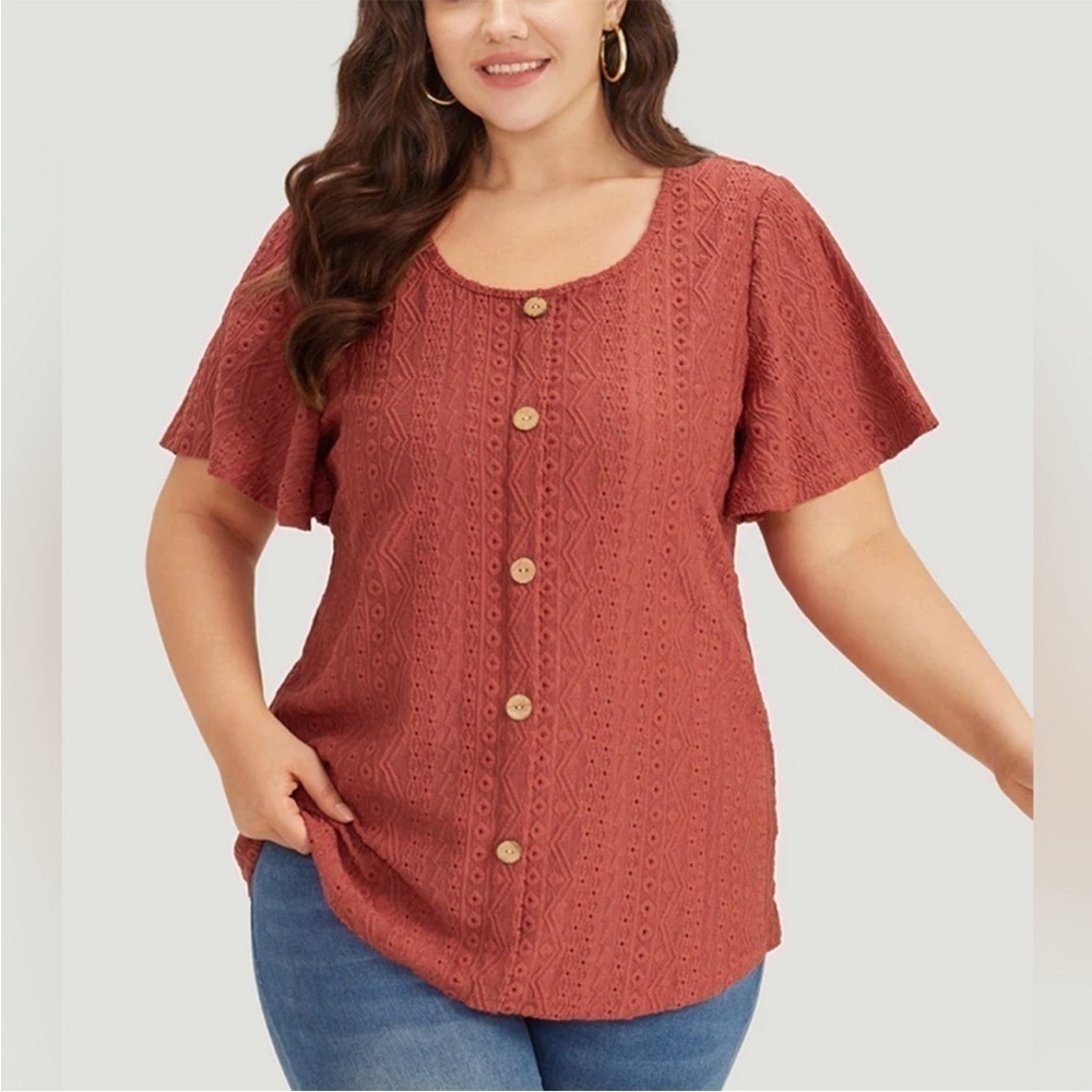 BloomChic Rust Eyelet Button-Front Top